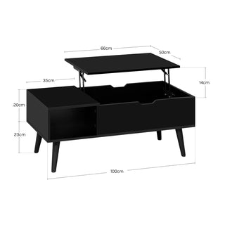 Cotes : longueur 100 cm, plateau relevable 66 x 50 cm, partie fixe 35 cm, levée de 14 cm, niche de 20 cm, pieds de 23 cm