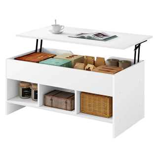 Table basse relevable blanche, plateau relevé et coffre ouvert