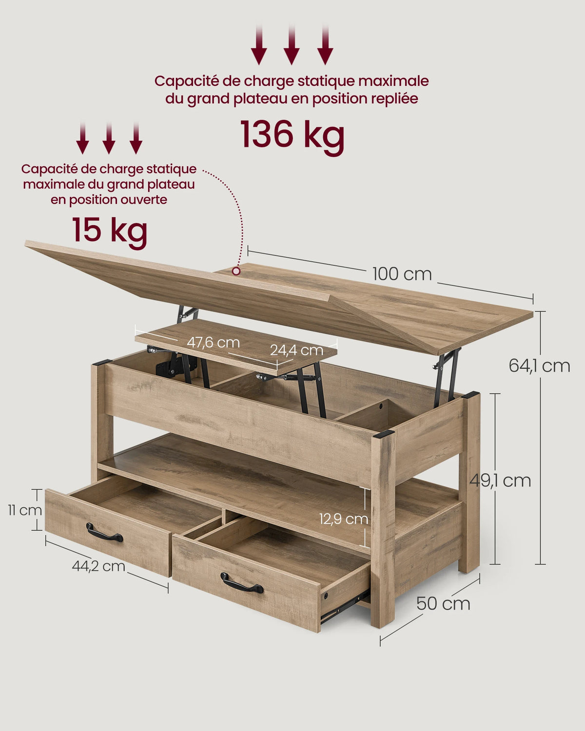 Schéma des dimensions : 100 x 50 cm, hauteur 49,1 à 64,1 cm, charge 136 kg
