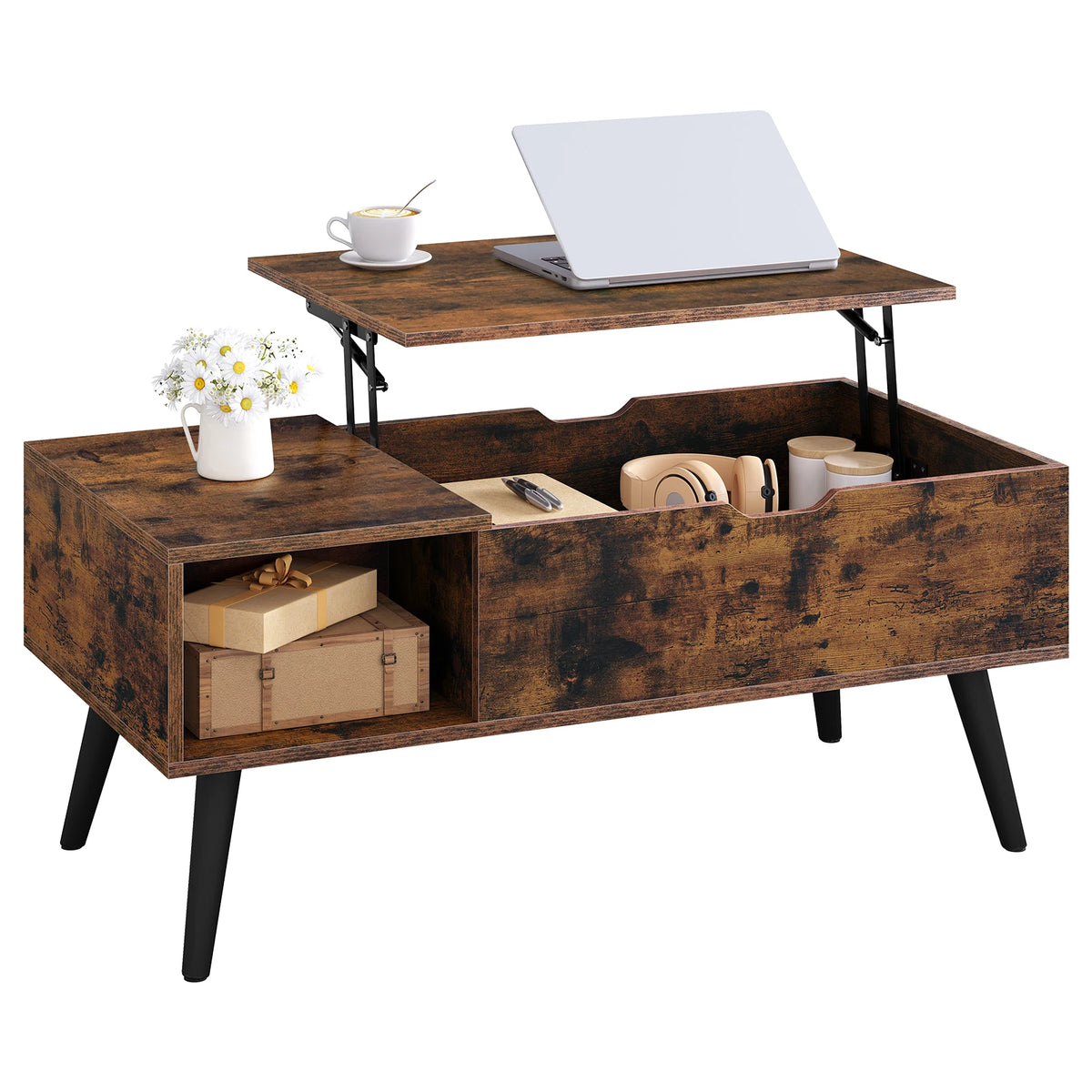 Variante brun rustique de la table basse relevable à niche latérale