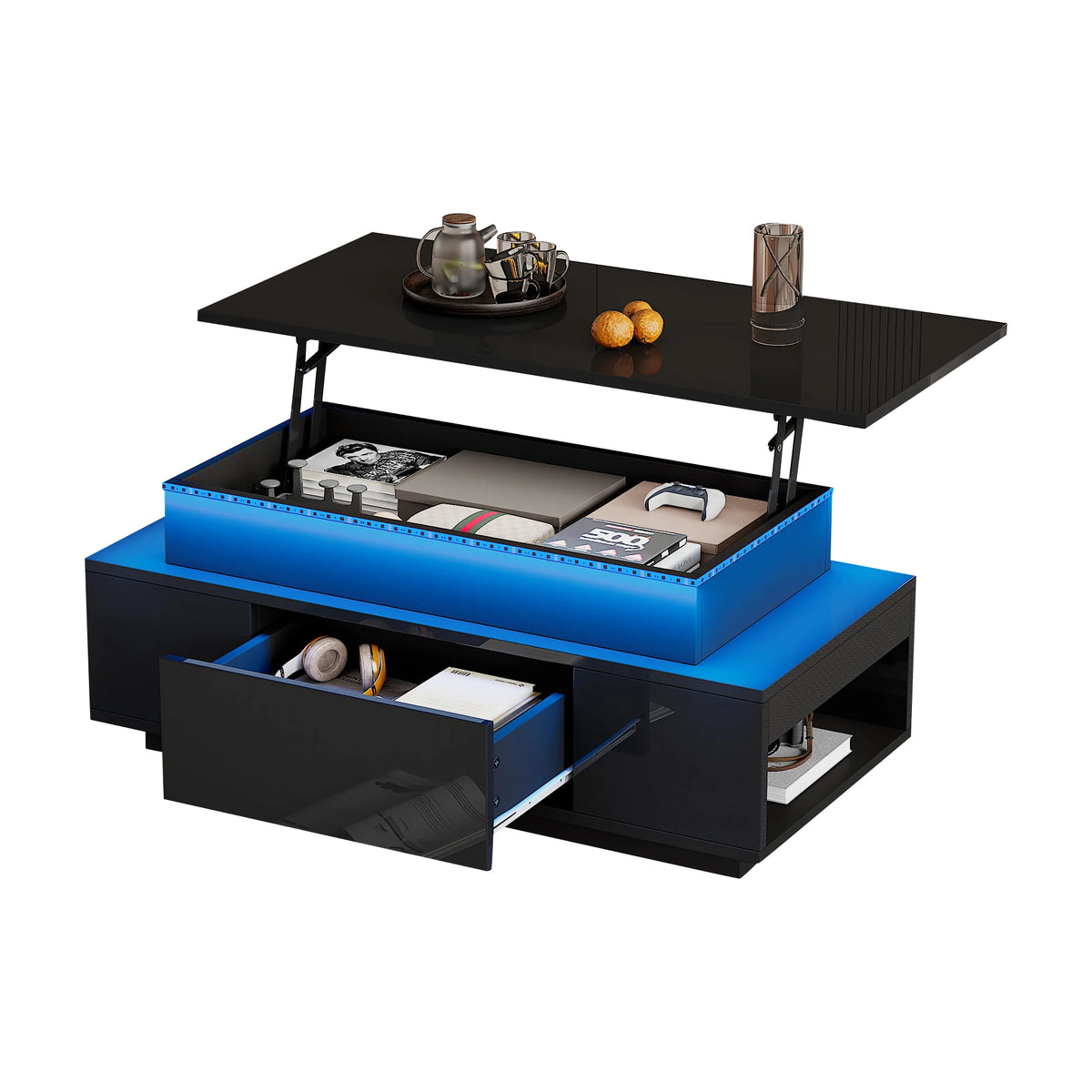 Tiroir et niches ouvertes de la table basse relevable noire