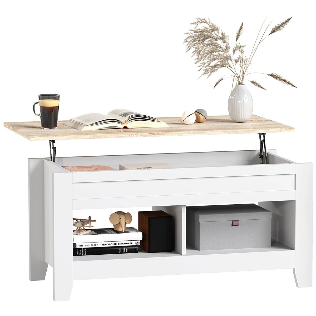 Variante blanc et bois naturel de la table basse relevable