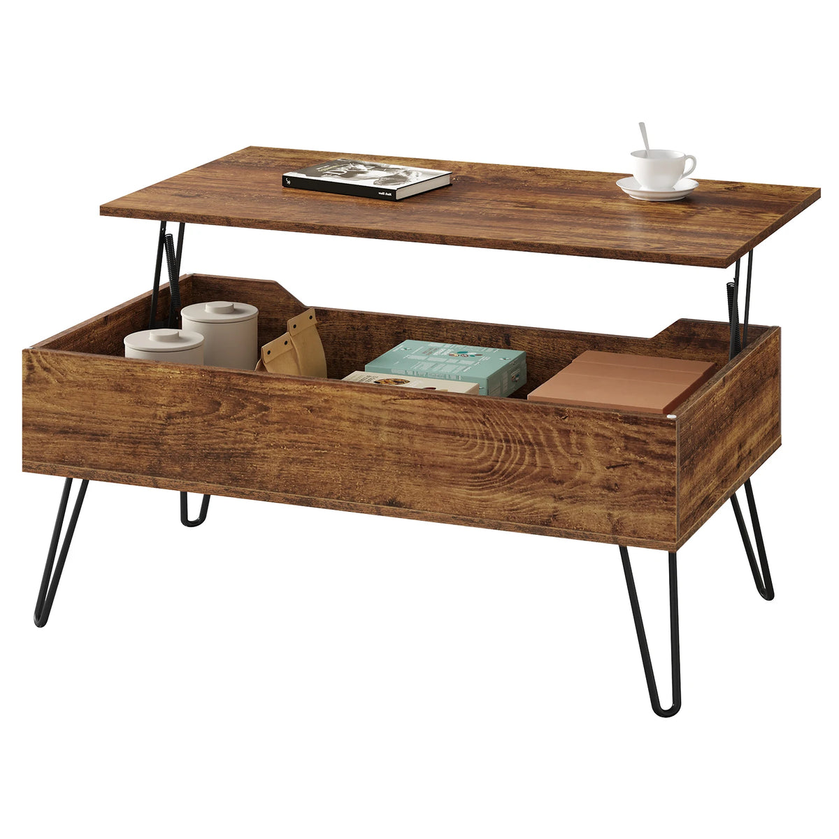 Table basse relevable décor bois vintage sur pieds épingle en métal, plateau relevé