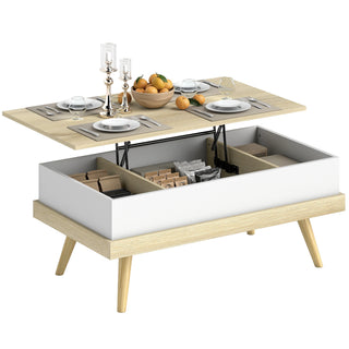 Table basse relevable scandinave blanche, plateau décor bois relevé sur trois compartiments