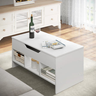 Table basse relevable blanche en situation dans un salon