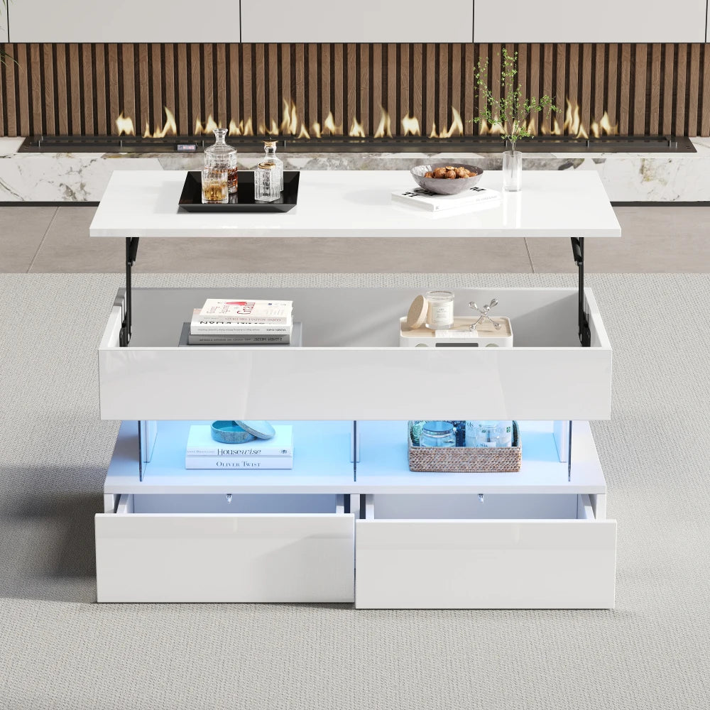 Table basse relevable, plateau relevé et coffre ouvert