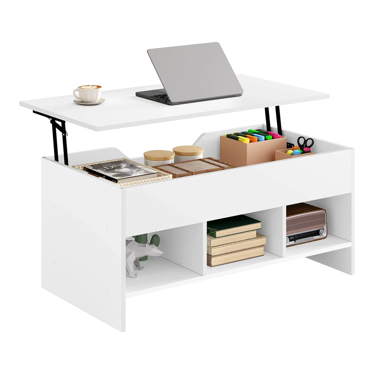 Table basse relevable blanche 96 cm, plateau fermé