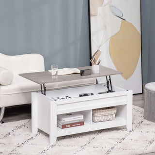 Table basse relevable blanche et grise devant un canapé, plateau relevé