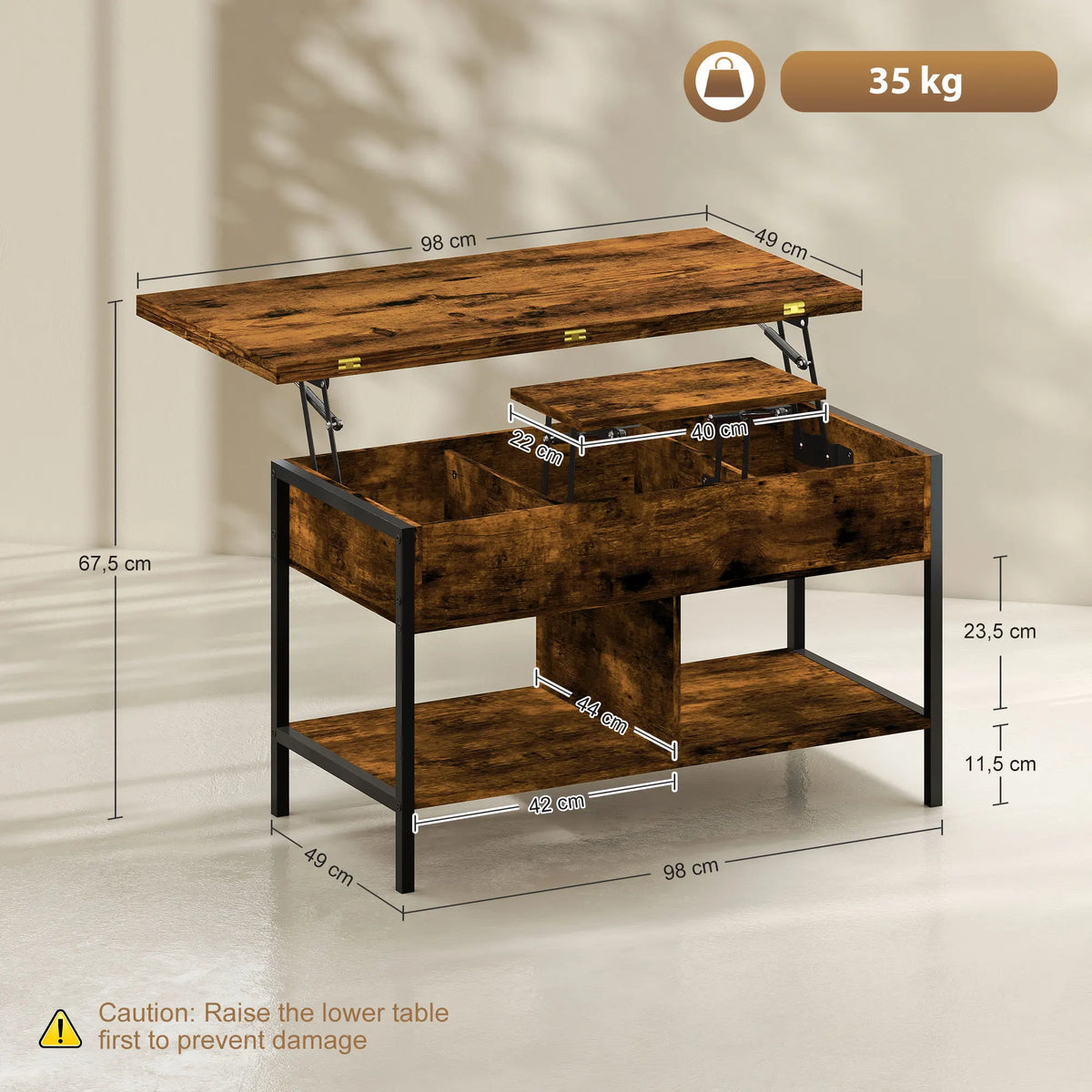 Cotes de la table basse relevable : plateau 98 x 49 cm, hauteur relevée 67,5 cm