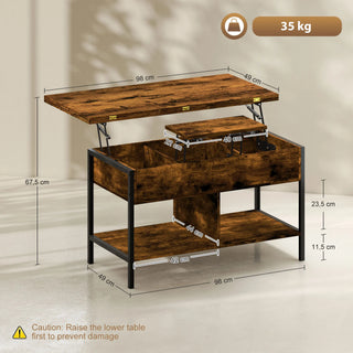Cotes de la table basse relevable : plateau 98 x 49 cm, hauteur relevée 67,5 cm