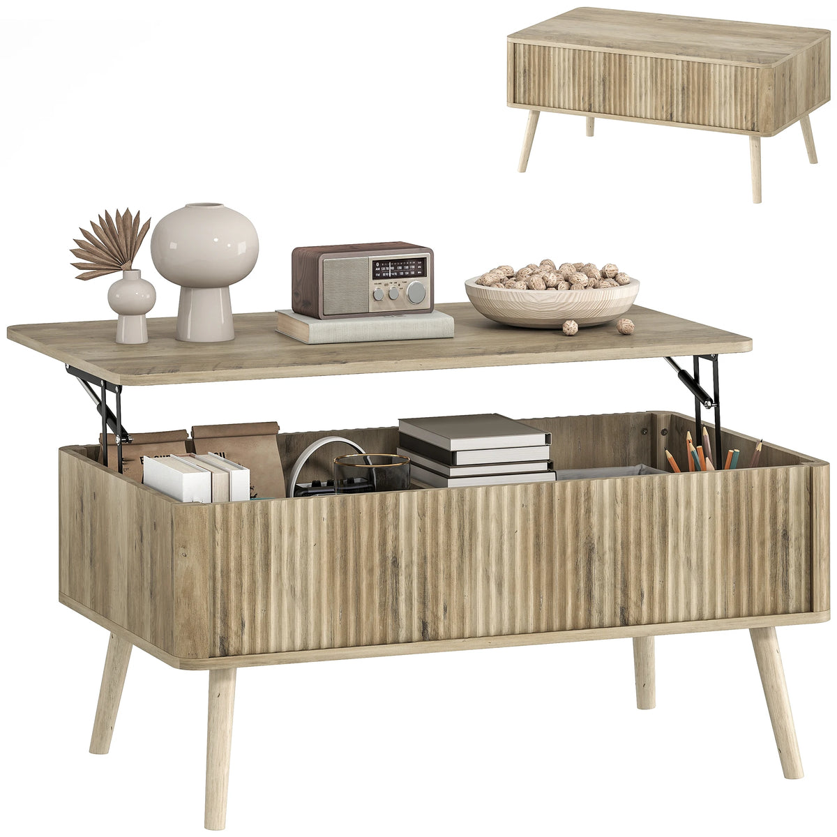 Table basse relevable à façade cannelée décor chêne, plateau relevé