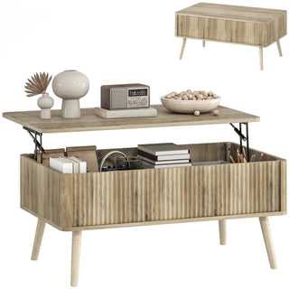 Table basse relevable à façade cannelée décor chêne, plateau relevé