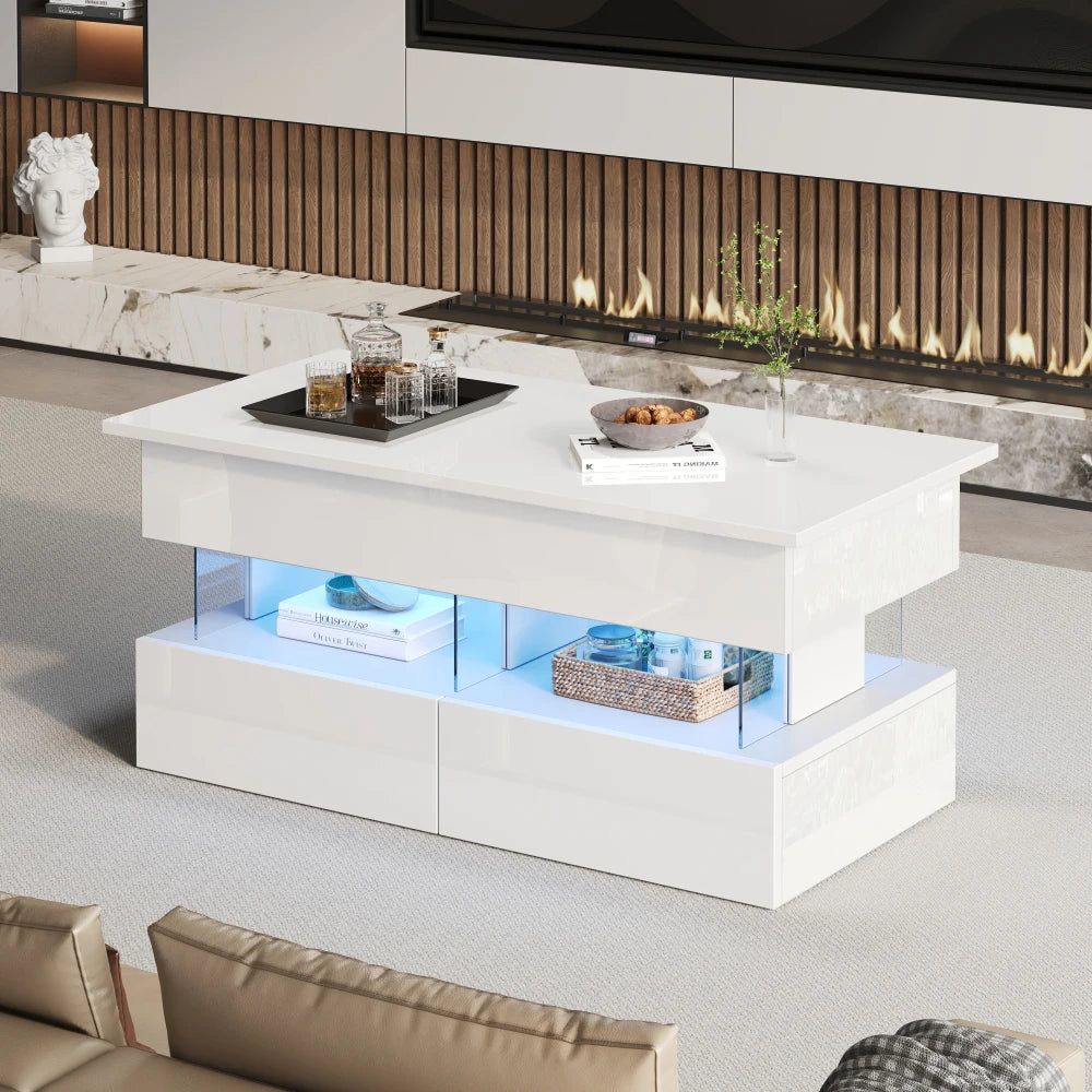 Table basse relevable laquée avec bande LED allumée dans un salon