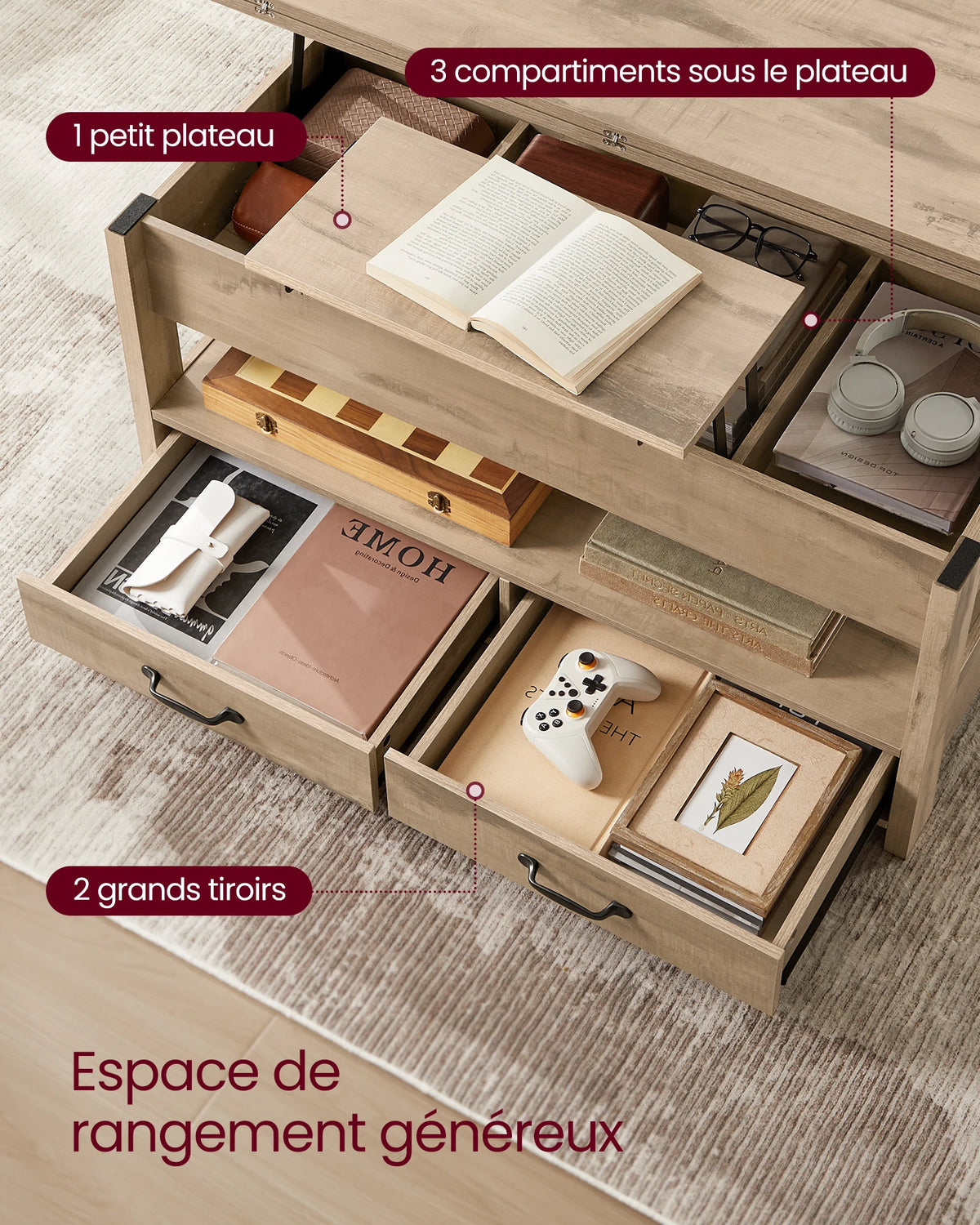 Détail des rangements : deux tiroirs, coffre sous plateau et étagère basse