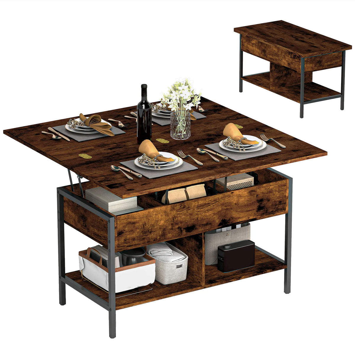 Table basse relevable extensible en décor bois brun rustique, plateau déplié en table de repas