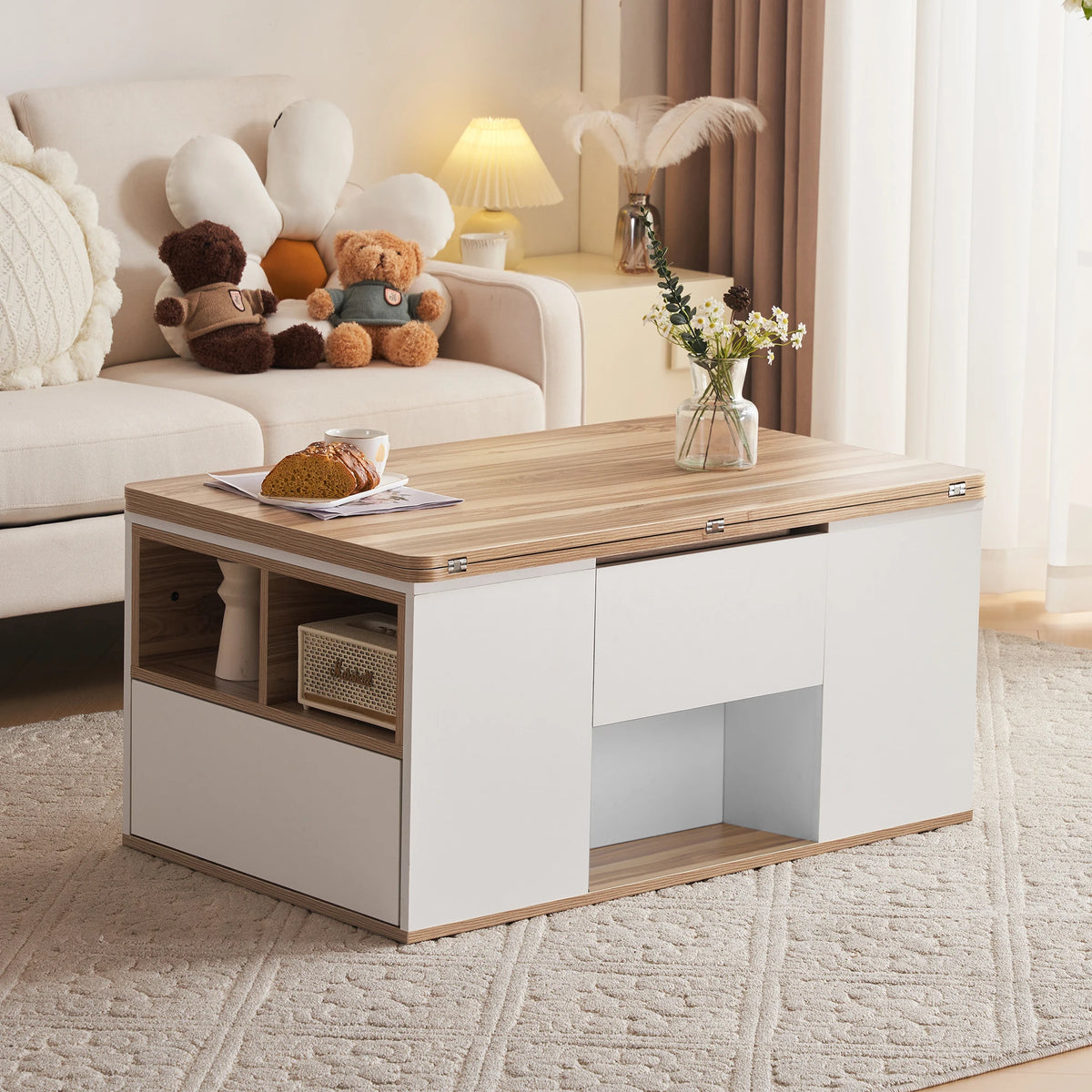 Table basse relevable multifonction ouverte en deux plateaux, dans un séjour