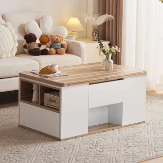 Table basse relevable multifonction ouverte en deux plateaux, dans un séjour