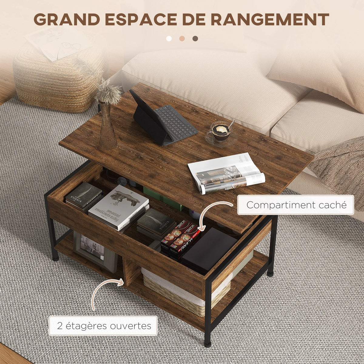 Compartiment caché sous le plateau et deux étagères ouvertes