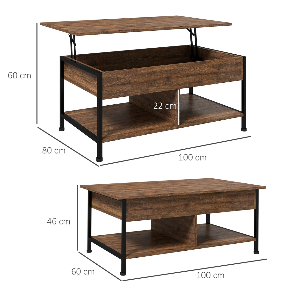 Cotes : 100 x 60 cm, hauteur 46 cm fermée et 60 cm plateau relevé