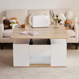 Finition blanc et bois naturel de la table basse relevable