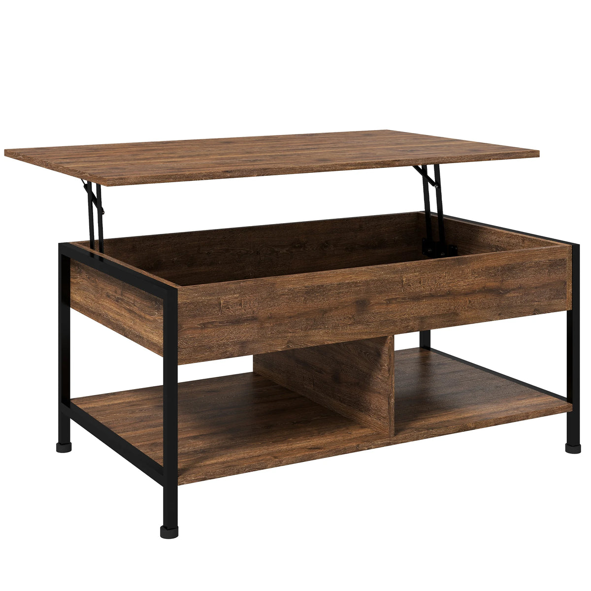 Table basse relevable industrielle, décor bois rustique et cadre métal noir, plateau relevé