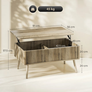 Cotes : plateau 91 x 56 cm, plateau relevé 57,5 cm, deux compartiments de 42,5 cm, charge 45 kg