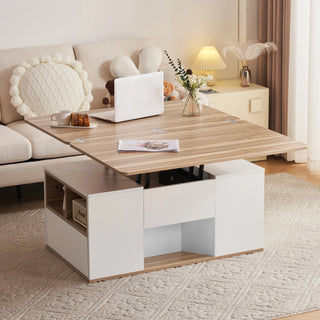 Table basse relevable utilisée en poste de travail depuis le canapé