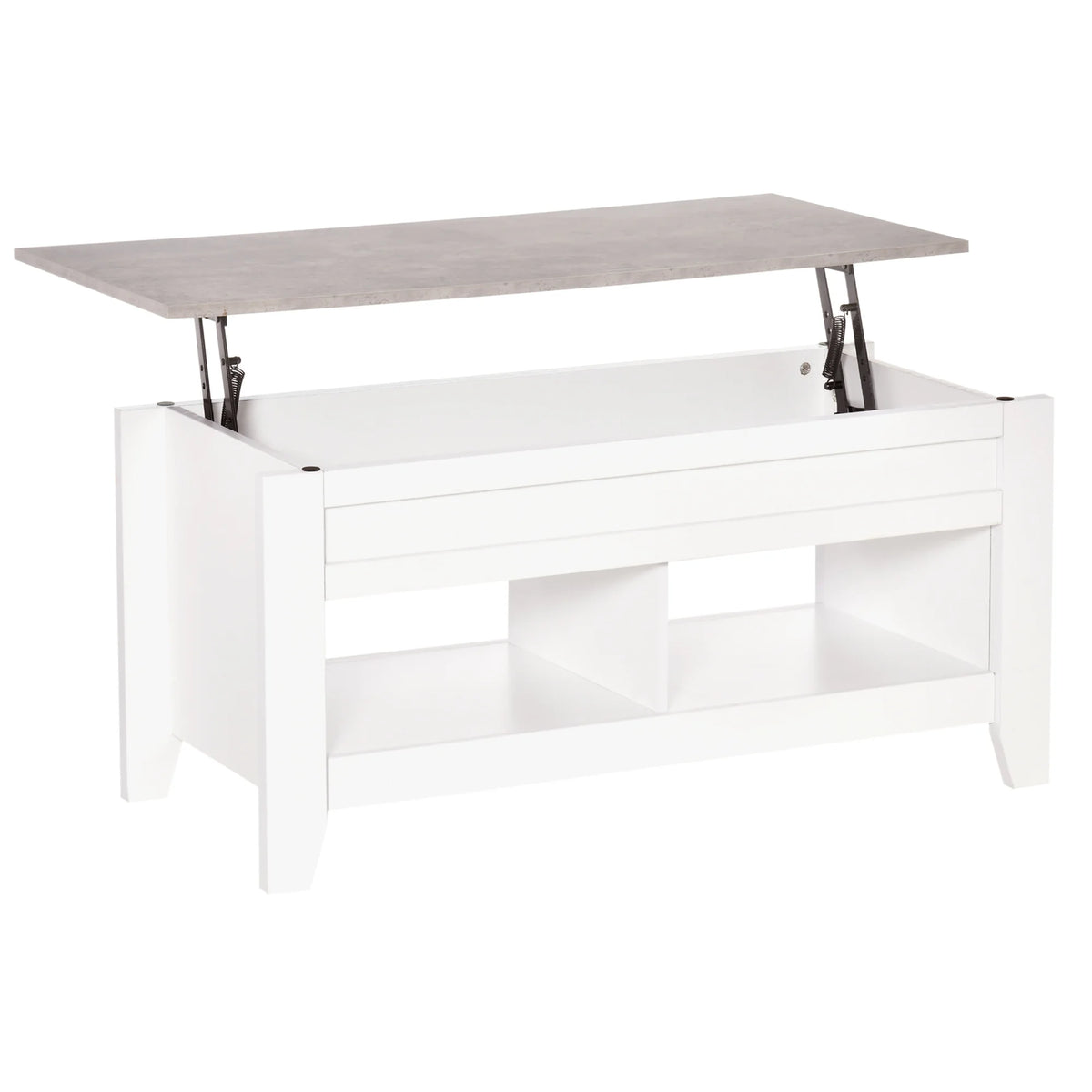 Table basse relevable blanche, plateau gris relevé, deux niches ouvertes