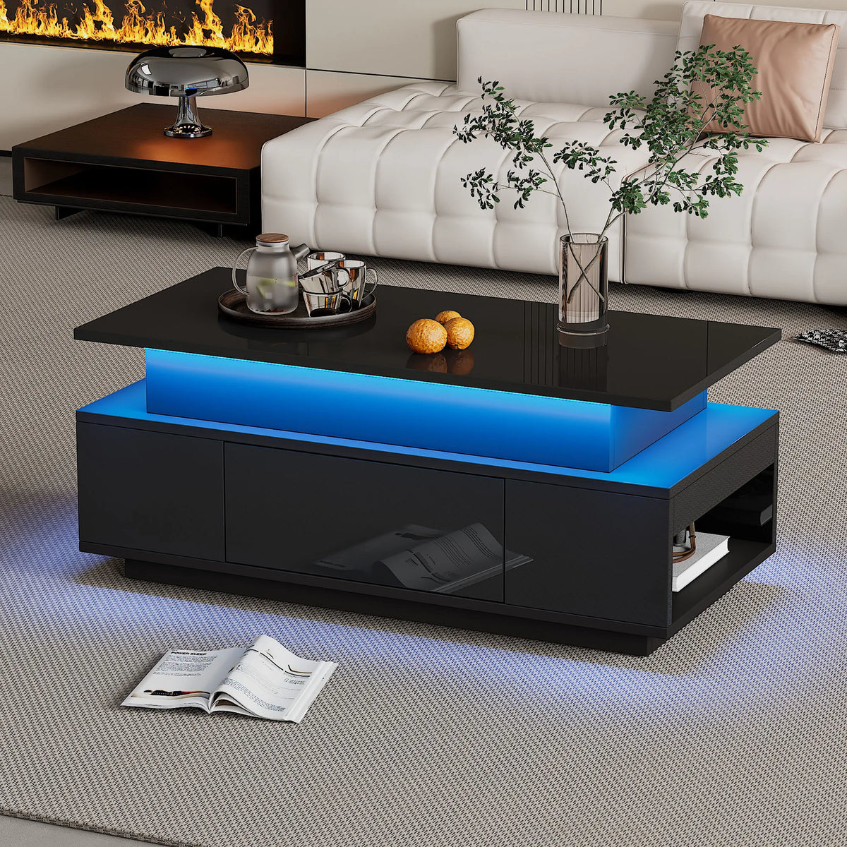 Table basse relevable noire, éclairage LED en situation