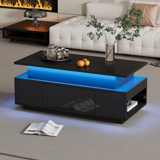 Table basse relevable noire, éclairage LED en situation
