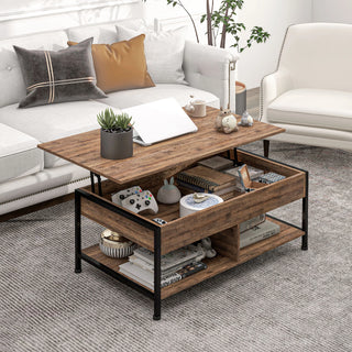 Table basse relevable industrielle devant un canapé, plateau relevé avec ordinateur