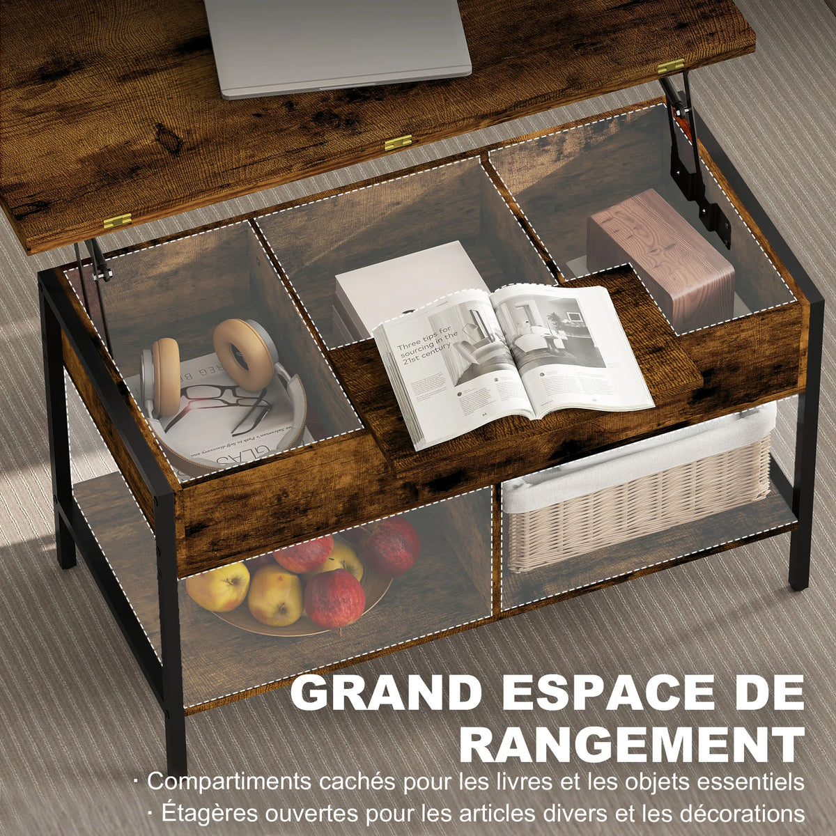 Compartiment caché sous le plateau relevé et étagère basse ouverte