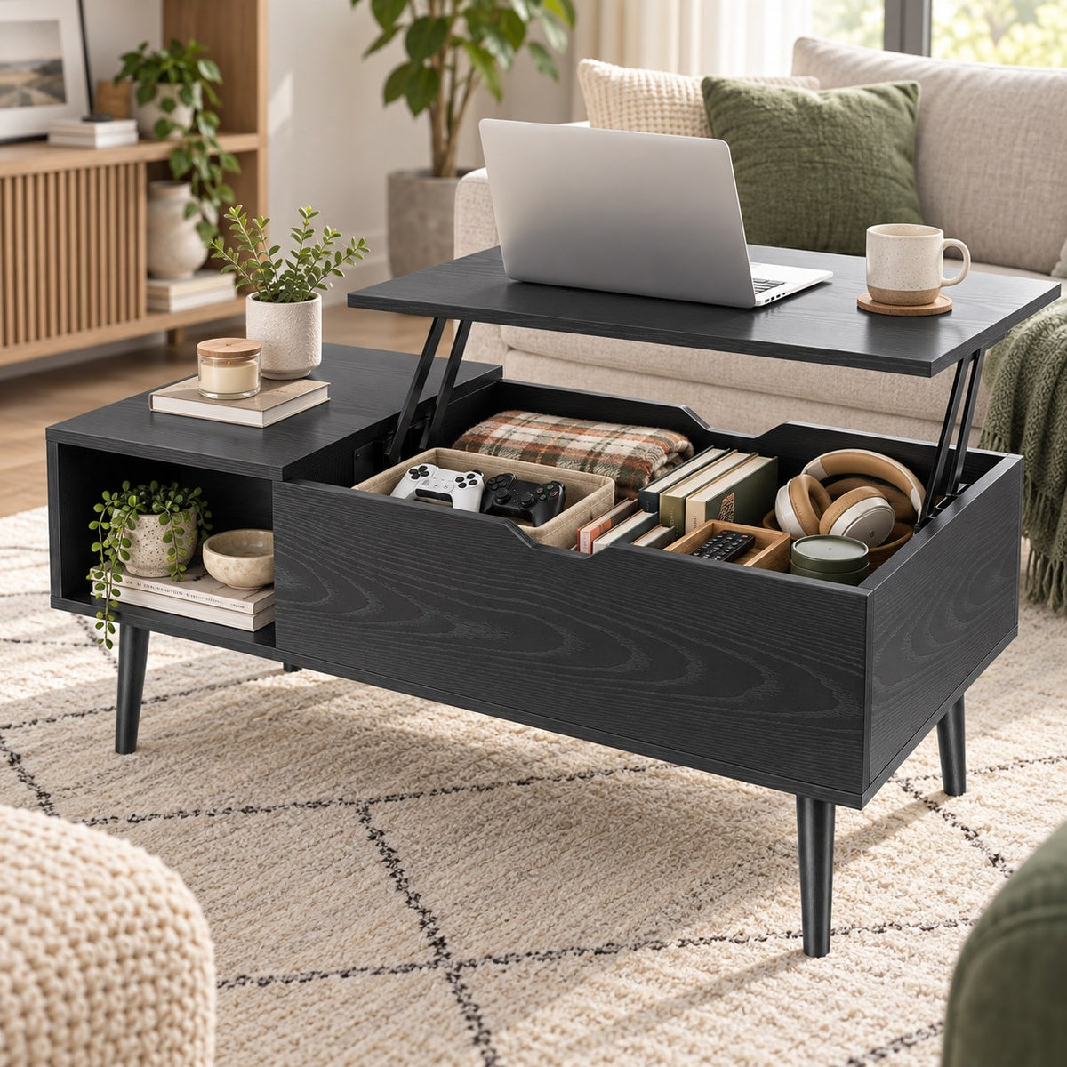 Table basse relevable noire 100 x 50 cm, plateau relevé et coffre ouvert rempli, dans un salon