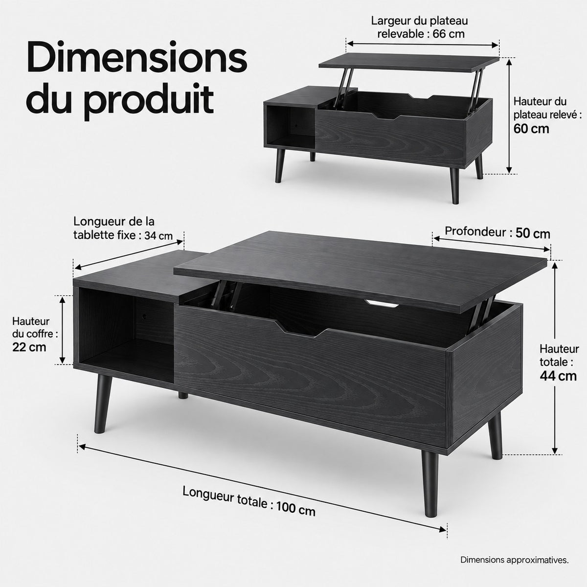 Dimensions en français : longueur 100 cm, profondeur 50 cm, hauteur 44 cm, plateau relevé 60 cm, coffre 22 cm