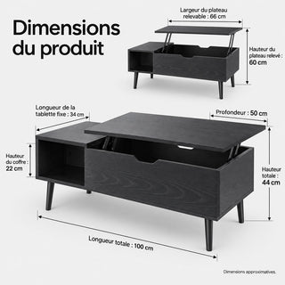 Dimensions en français : longueur 100 cm, profondeur 50 cm, hauteur 44 cm, plateau relevé 60 cm, coffre 22 cm