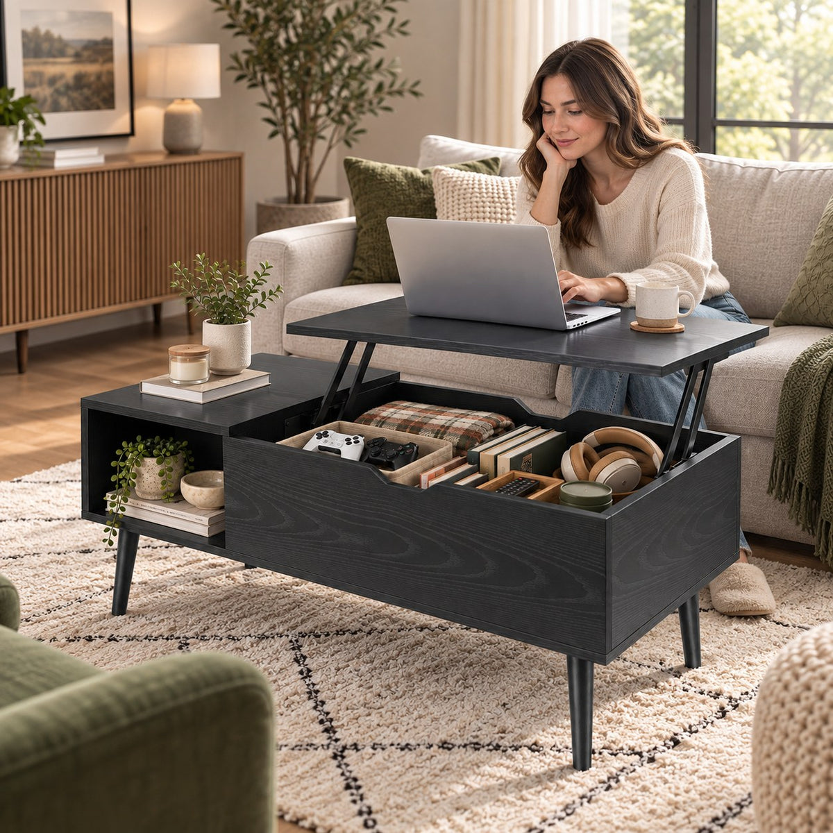 Table basse relevable noire devant un canapé, vue d'ensemble du séjour