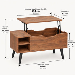 Dimensions en français : longueur 80 cm, profondeur 40 cm, hauteur 43 cm, plateau relevé 61,5 cm