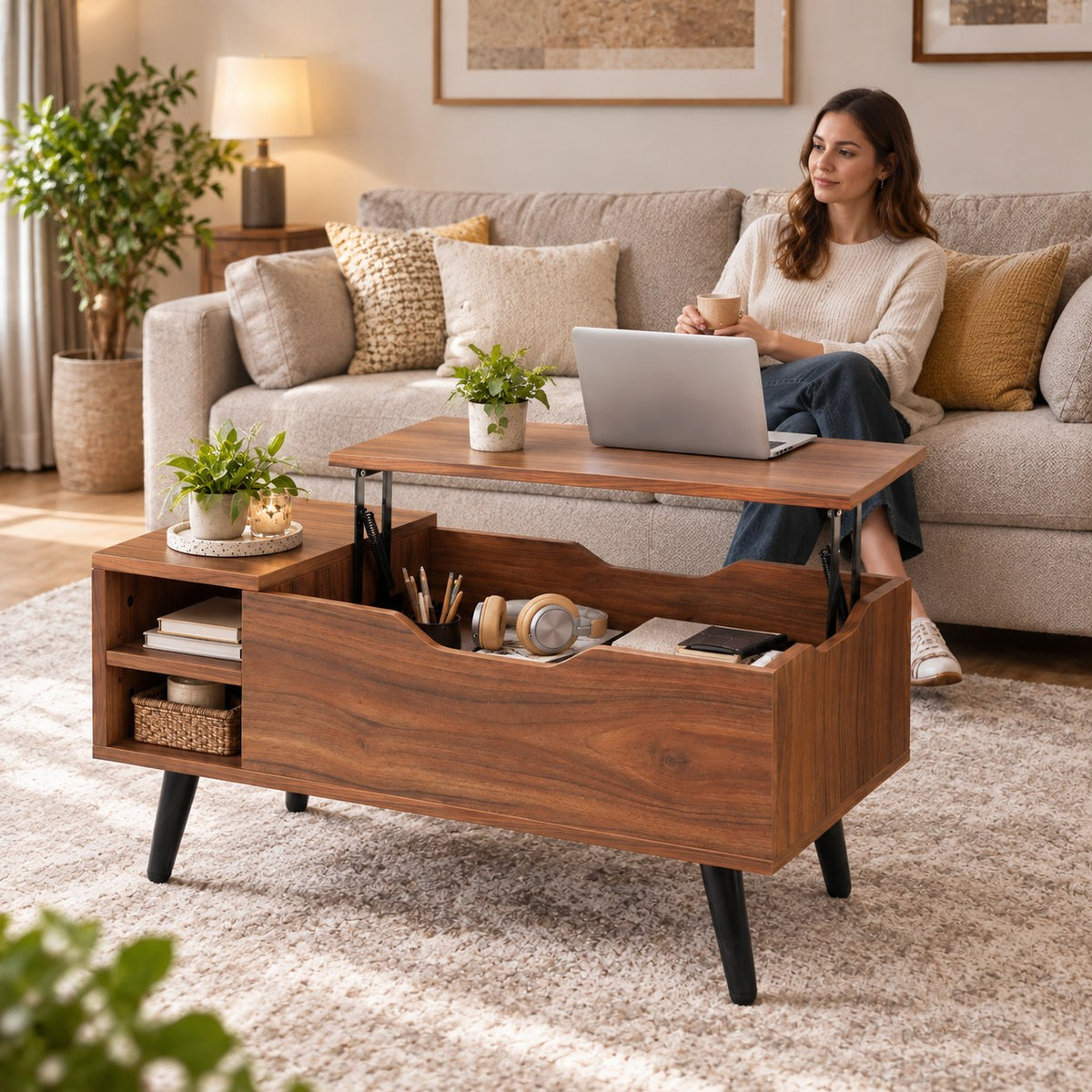 Table basse relevable 80 cm devant un canapé, vue d'ensemble du séjour
