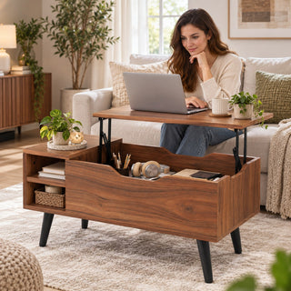 Table basse relevable 80 x 40 cm, plateau relevé à hauteur de travail depuis le canapé