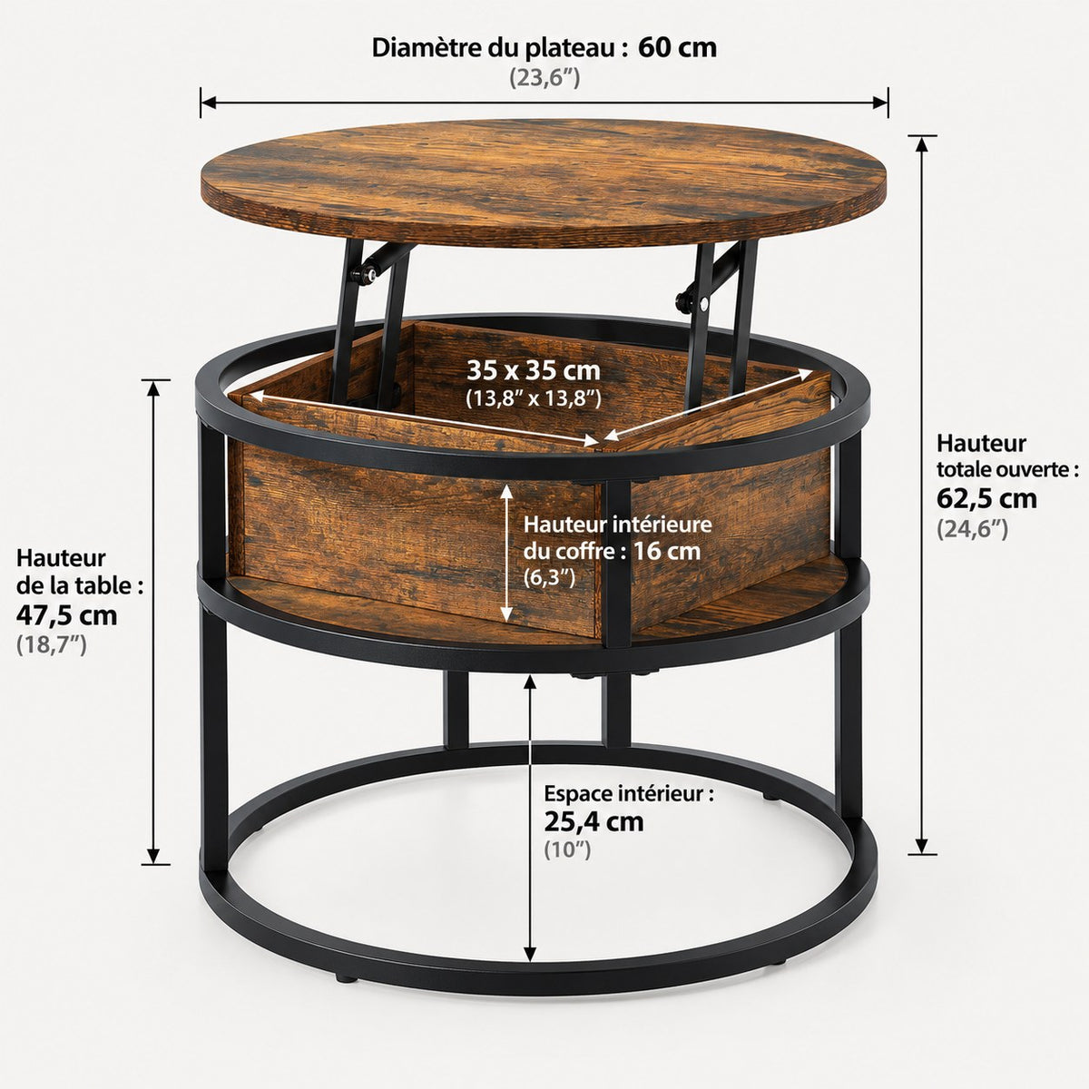 Dimensions en français : diamètre 60 cm, hauteur 47,5 cm, position relevée 62,5 cm, coffre 35 x 35 x 16 cm
