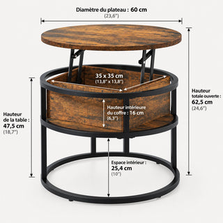 Dimensions en français : diamètre 60 cm, hauteur 47,5 cm, position relevée 62,5 cm, coffre 35 x 35 x 16 cm