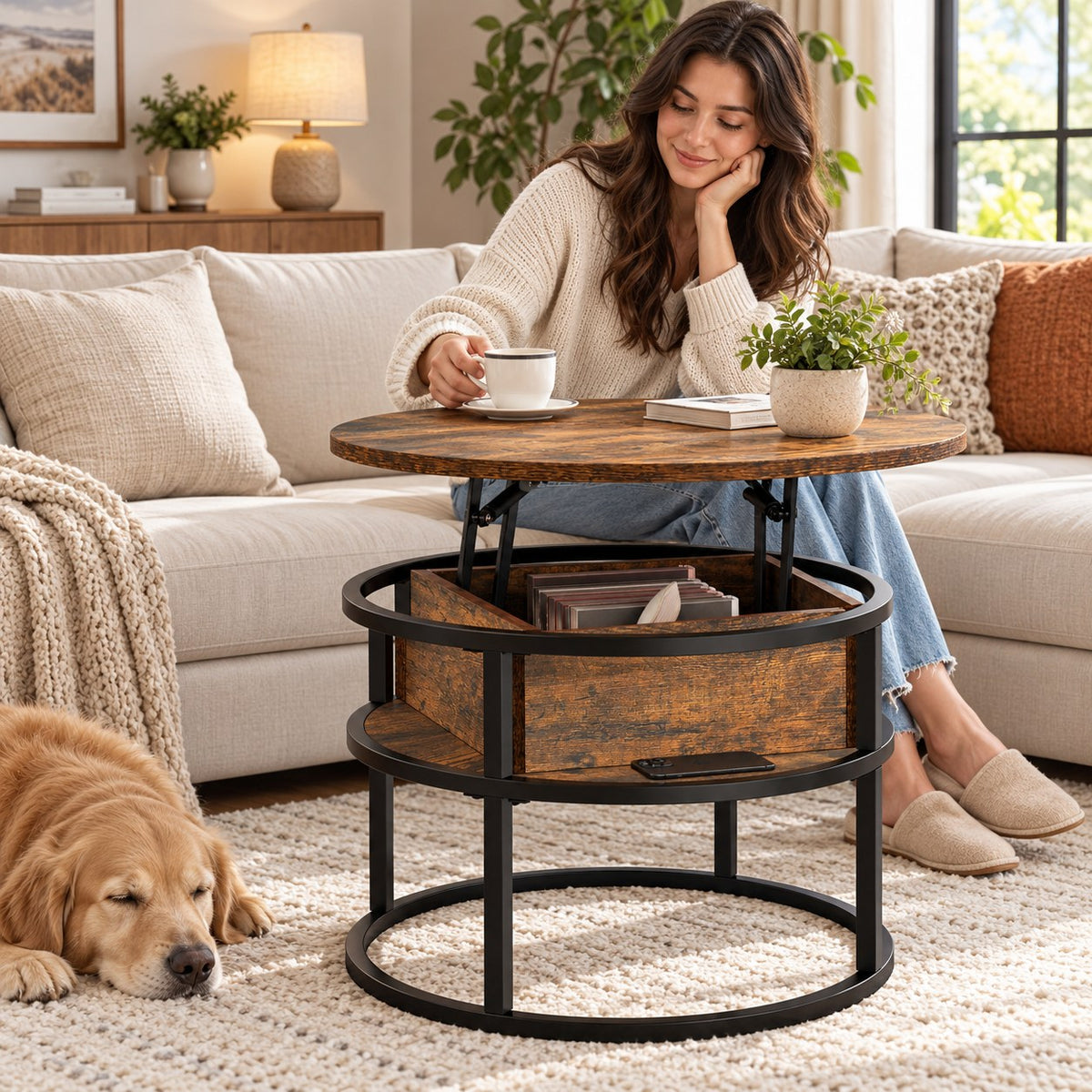 Table basse ronde relevable devant un canapé, vue d'ensemble du séjour