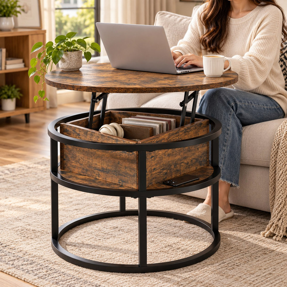 Table basse relevable ronde 60 cm, plateau relevé avec ordinateur portable, coffre ouvert