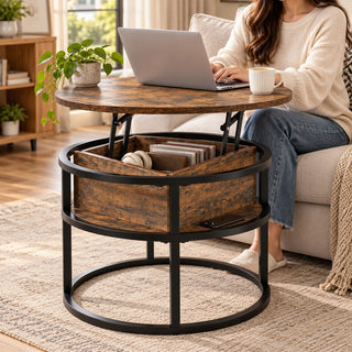 Table basse relevable ronde 60 cm, plateau relevé avec ordinateur portable, coffre ouvert